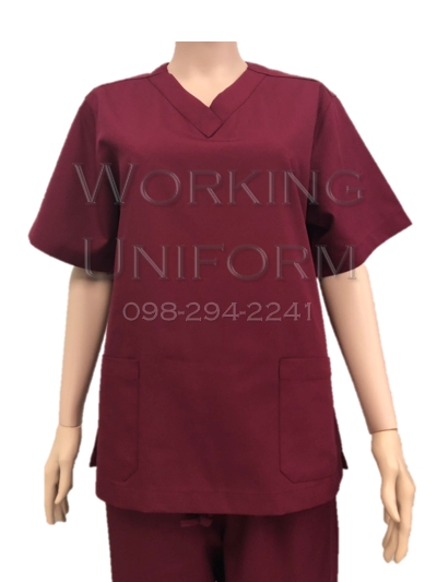 ชุดสครับคอวี สีเลือดหมู (เสื้อ+กางเกง) IN STOCK ชุดสครับคอวี สีเลือดหมู (เสื้อ+กางเกง) IN STOCK
