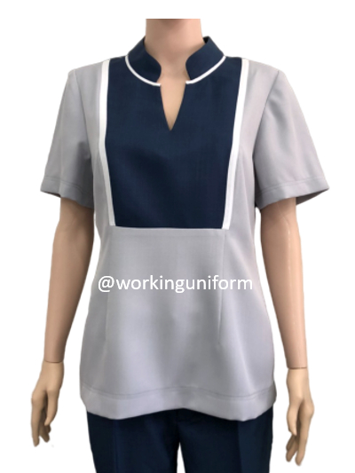 เสื้อแม่บ้านคอจีน สีเทาแต่งกรมท่า กุ๊นขาว IN STOCK เสื้อแม่บ้านคอจีน สีเทาแต่งกรมท่า กุ๊นขาว IN STOCK
