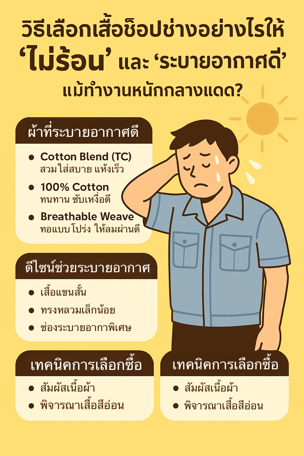 เลือกเสื้อช็อปช่างอย่างไรให้ 'ไม่ร้อน' และ 'ระบายอากาศดี' แม้ทำงานหนักกลางแดด?