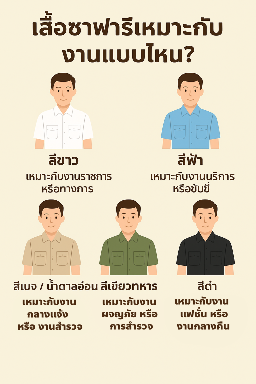 เสื้อซาฟารีเหมาะกับงานแบบไหน? แนะนำสีให้เข้ากับอาชีพ