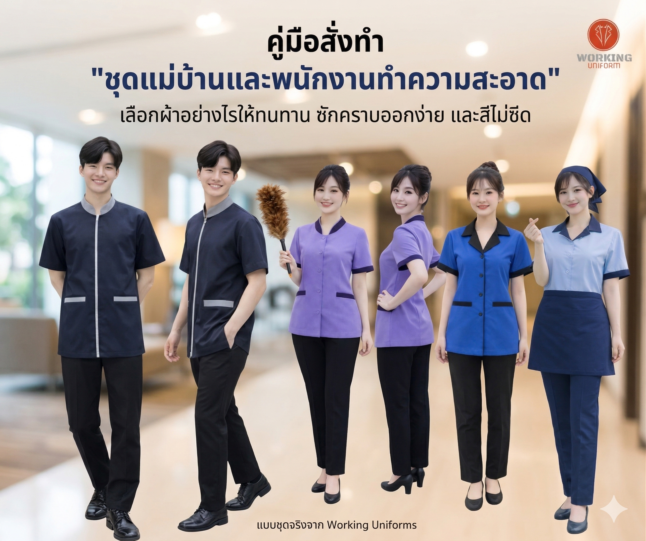 ชุดแม่บ้านและพนักงานทำความสะอาด" เลือกผ้าอย่างไรให้ทนทาน ซักคราบออกง่าย และสีไม่ซีด