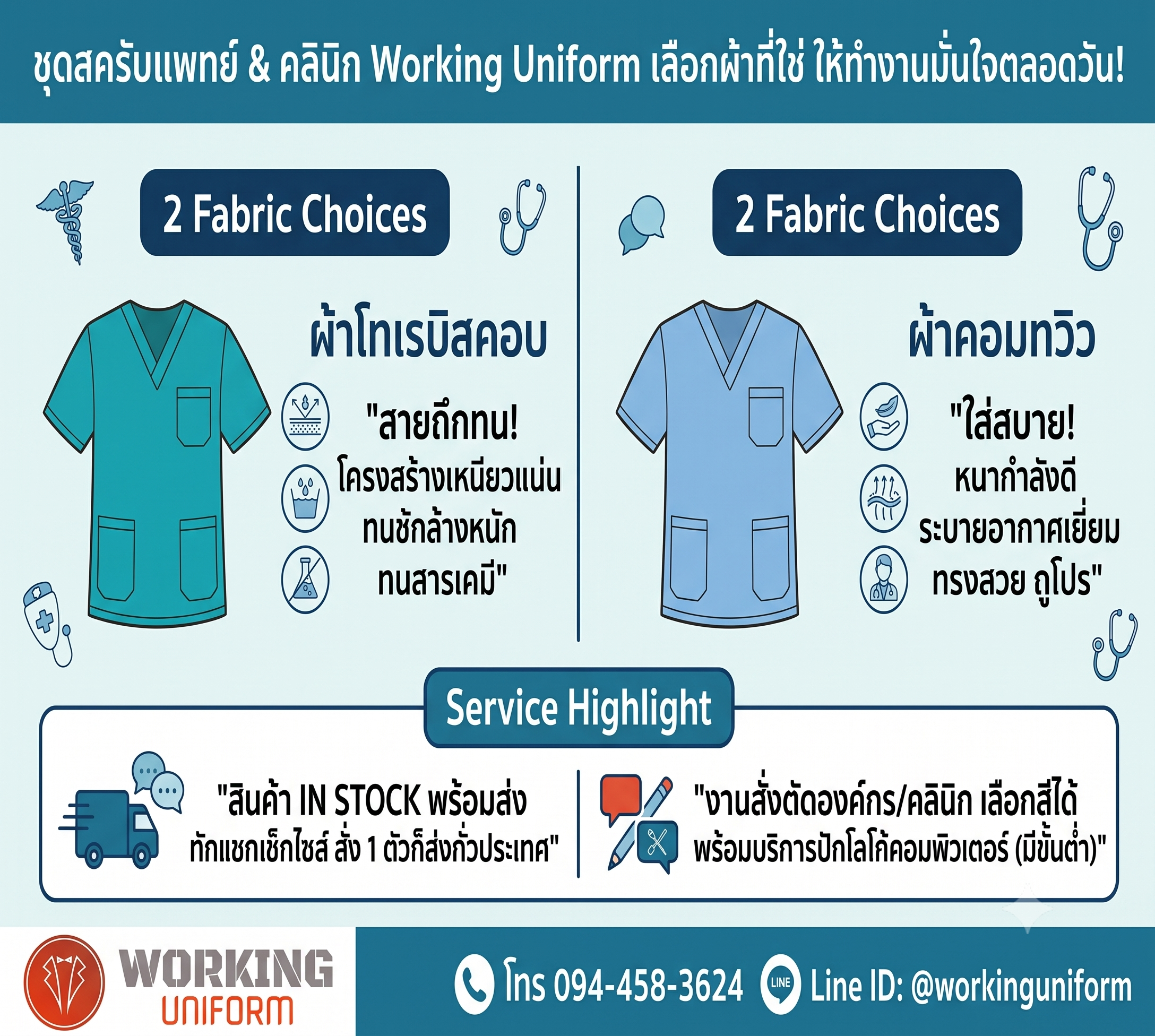 คู่มือเลือกซื้อและสั่งทำ "ชุดสครับ (Scrubs)" สำหรับแพทย์และคลินิก เจาะลึก 2 เนื้อผ้าจริงที่ใส่สบายและทนทานที่สุด!