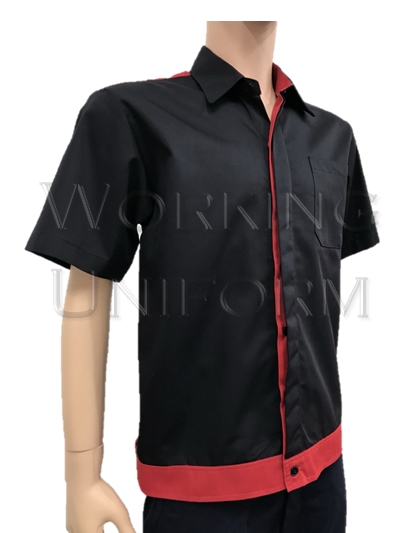 เสื้อช็อปแขนสั้นสีดำ แต่งแดง ผ้าคอมทวิว