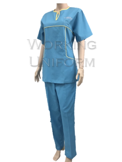 ชุดสครับคอวี สีฟ้า กุ๊นเหลือง (เสื้อ+กางเกง)