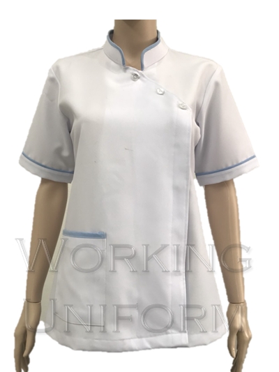 เสื้อพยาบาลคอจีน สีขาว กุ๊นฟ้า