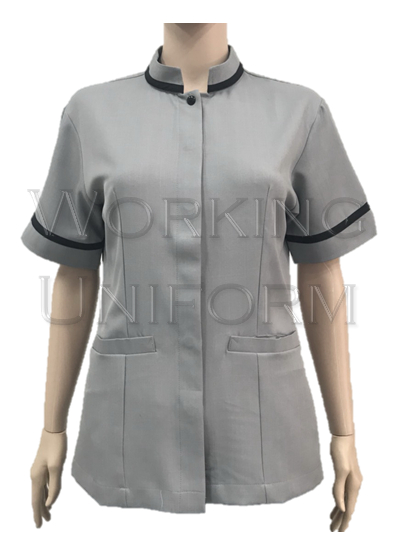 เสื้อแม่บ้านคอจีน สีเทาแต่งดำ IN STOCK เสื้อแม่บ้านคอจีน สีเทาแต่งดำ IN STOCK