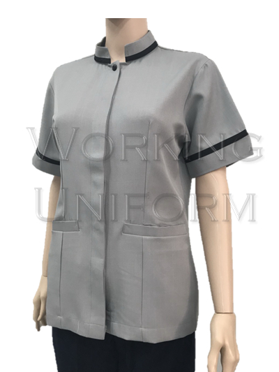 เสื้อแม่บ้านคอจีน สีเทาแต่งดำ IN STOCK เสื้อแม่บ้านคอจีน สีเทาแต่งดำ IN STOCK