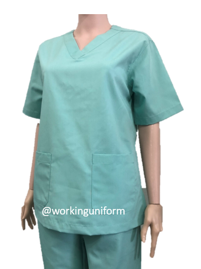 ชุดพยาบาลสครับ คอวี สีเขียวอ่อน (เสื้อ+กางเกง) IN STOCK