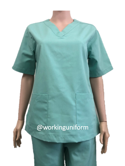ชุดพยาบาลสครับ คอวี สีเขียวอ่อน (เสื้อ+กางเกง) IN STOCK