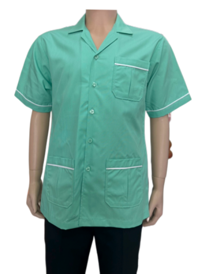 เสื้อพ่อบ้าน สีเขียวกุ๊นขาว IN STOCK