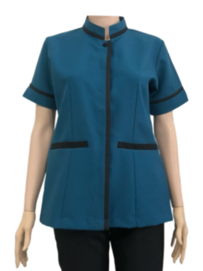 เสื้อแม่บ้านคอจีน สีเขียวอมฟ้า แต่งดำ IN STOCK