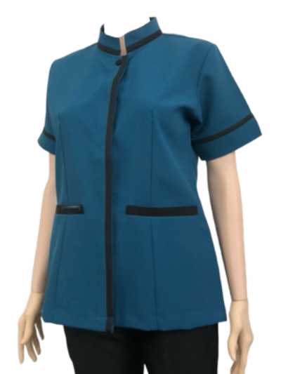 เสื้อแม่บ้านคอจีน สีเขียวอมฟ้า แต่งดำ IN STOCK