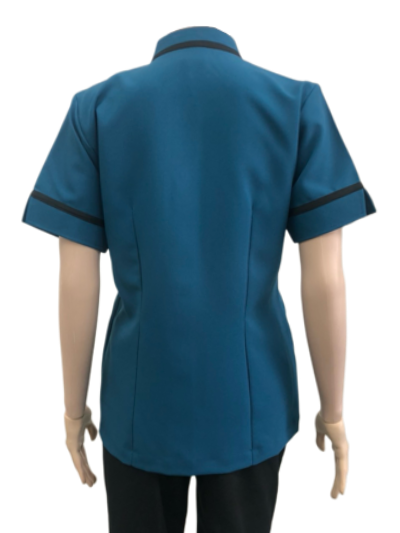 เสื้อแม่บ้านคอจีน สีเขียวอมฟ้า แต่งดำ IN STOCK