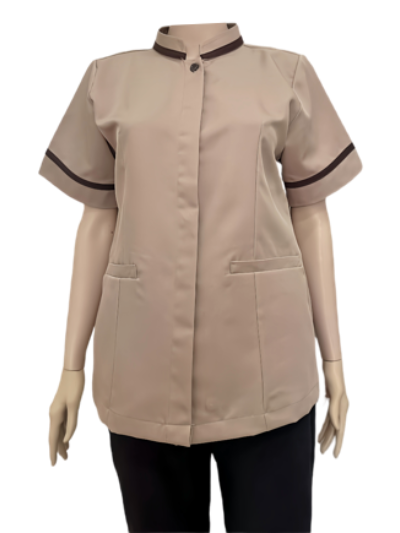 เสื้อแม่บ้านคอจีน น้ำตาล แต่งน้ำตาลเข้ม IN STOCK