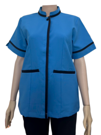 เสื้อแม่บ้านคอจีน สีฟ้าเข้ม แต่งดำ IN STOCK
