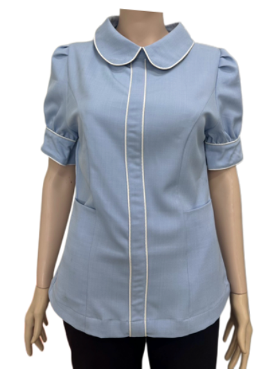 เสื้อแม่บ้าน คอบัว สีฟ้า กุ๊นขาว IN STOCK