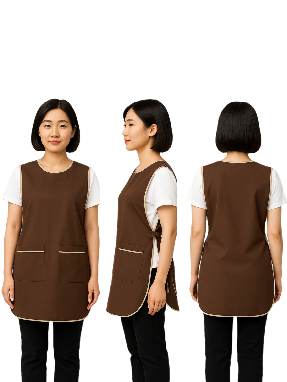 ผ้ากันเปื้อนแบบเอี๊ยม สีน้ำตาล กุ๊นครีม IN STOCK