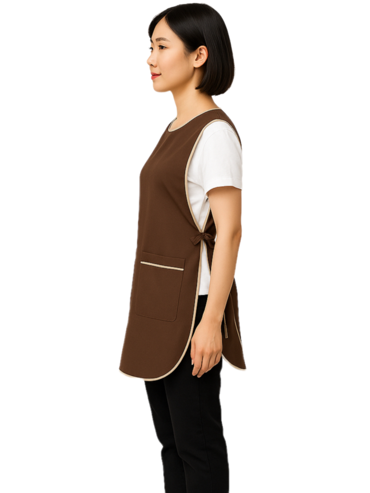 ผ้ากันเปื้อนแบบเอี๊ยม สีน้ำตาล กุ๊นครีม IN STOCK