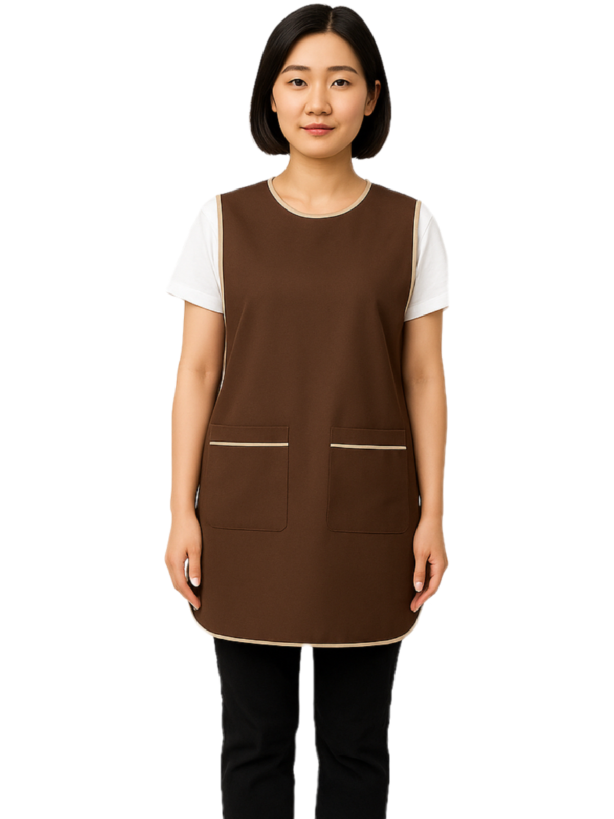 ผ้ากันเปื้อนแบบเอี๊ยม สีน้ำตาล กุ๊นครีม IN STOCK