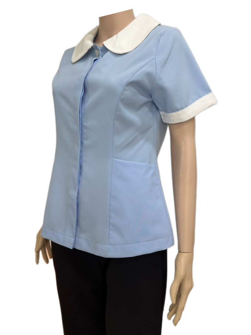 เสื้อแม่บ้านคอบัว สีฟ้า ปกขาว เสื้อแม่บ้านคอบัว สีฟ้า ปกขาว