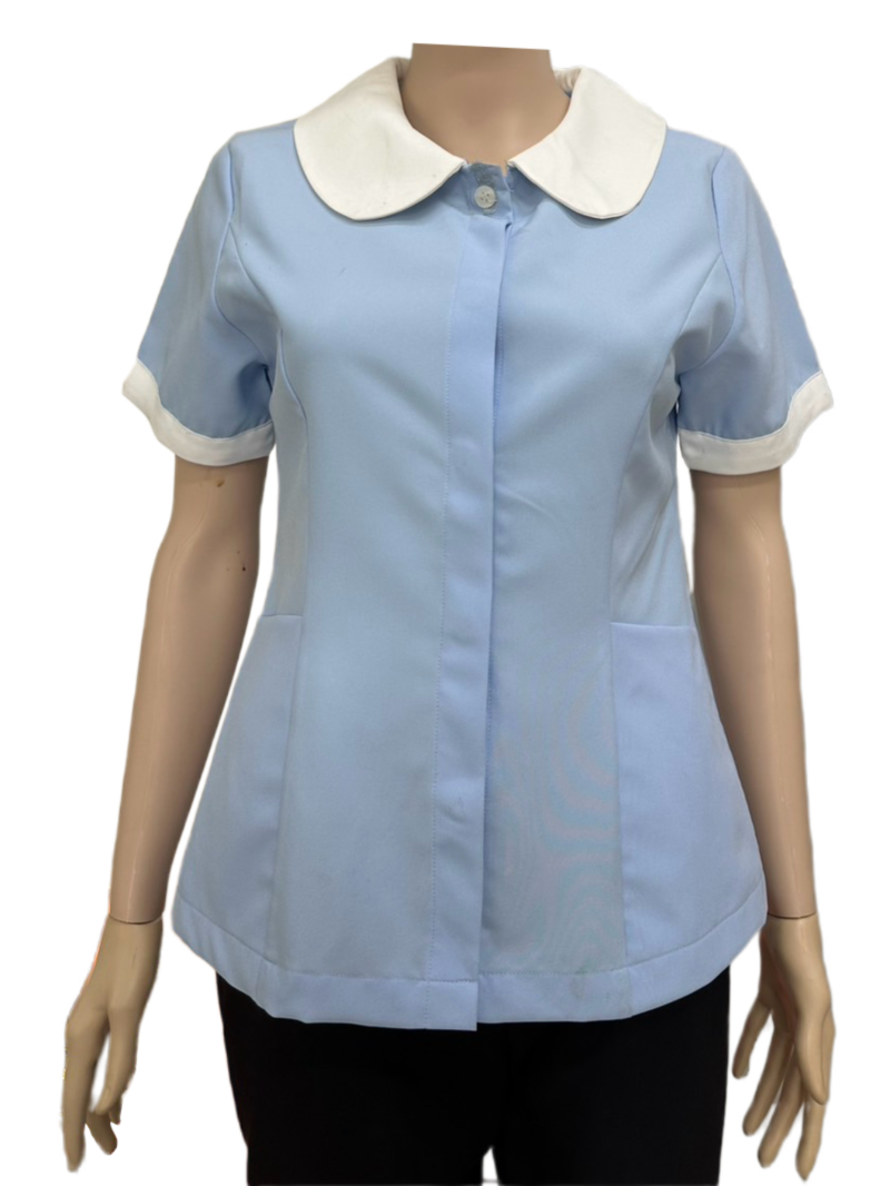 เสื้อแม่บ้านคอบัว สีฟ้า ปกขาว เสื้อแม่บ้านคอบัว สีฟ้า ปกขาว