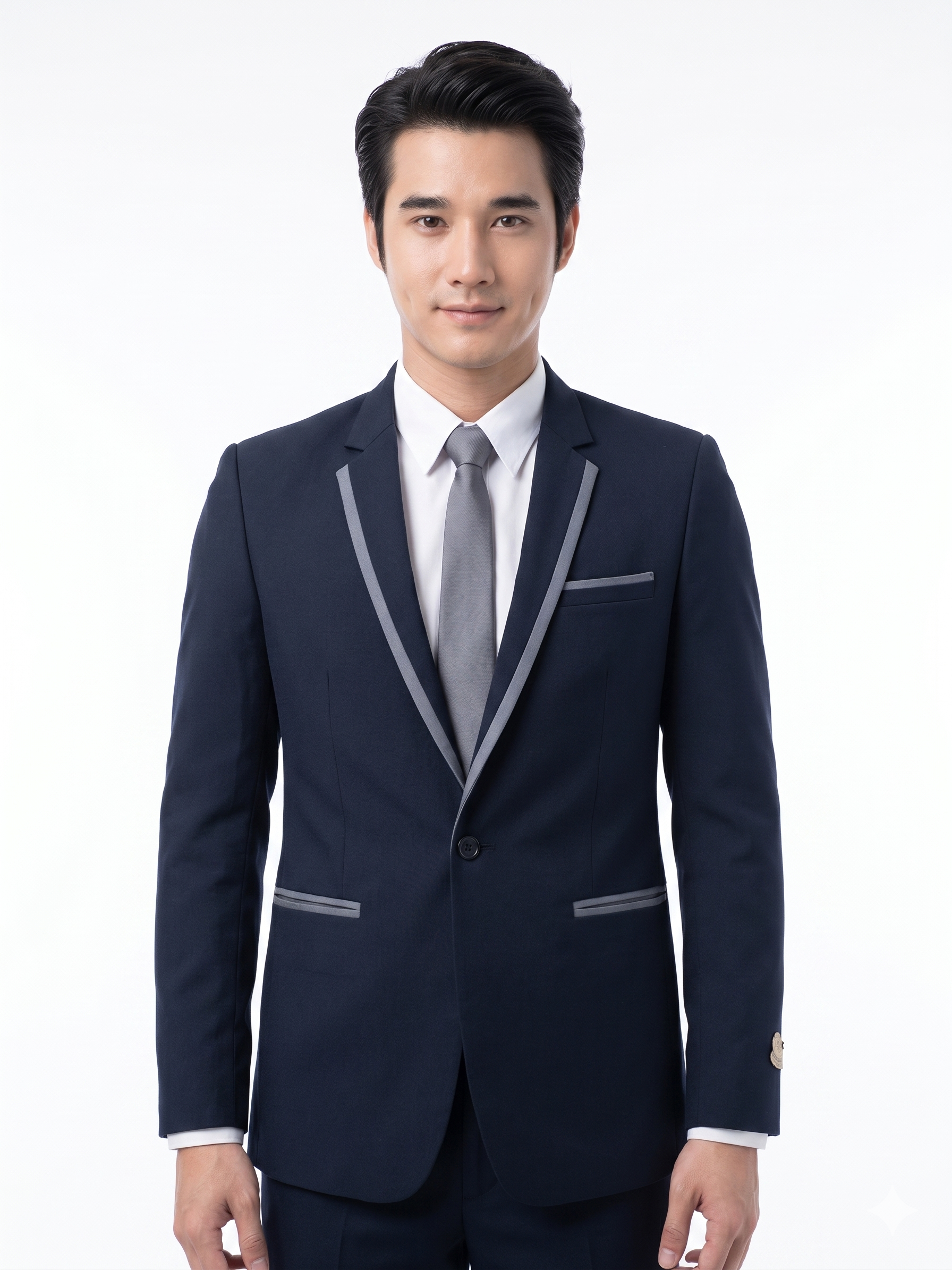 เสื้อสูทสีกรมท่า ขลิบเทาอ่อน ซับในทั้งตัว IN STOCK