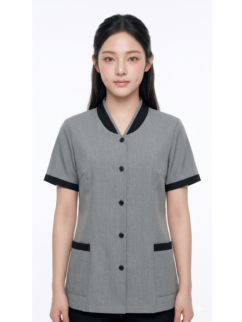 เสื้อแม่บ้านสีเทา คอวี แต่งดำ IN STOCK