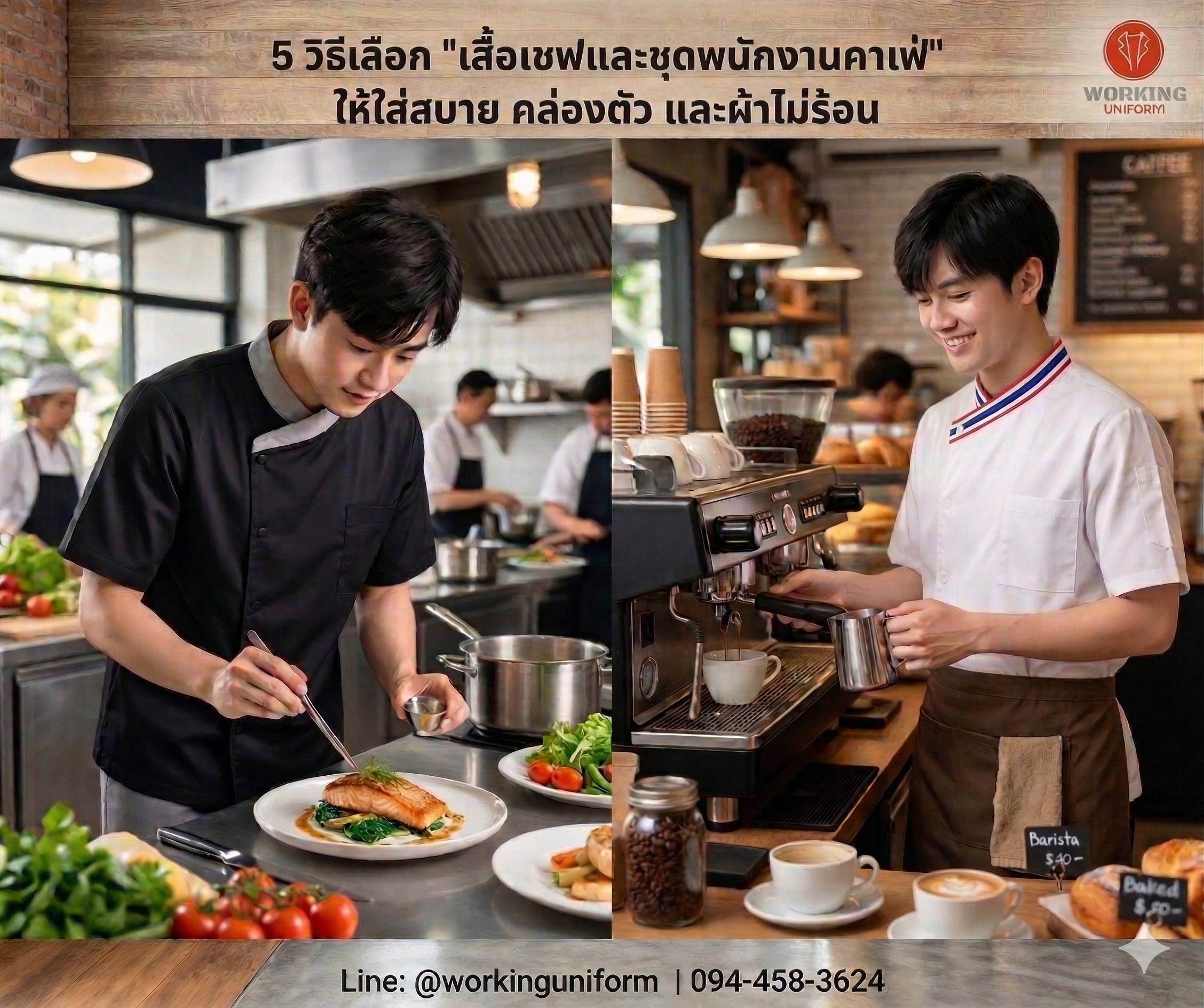 5 วิธีเลือก "เสื้อเชฟและชุดพนักงานคาเฟ่" ให้ใส่สบาย คล่องตัว และผ้าไม่ร้อน